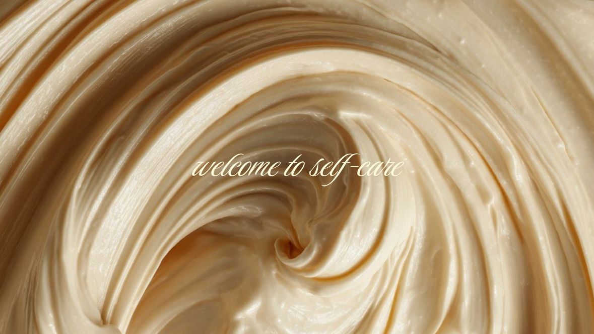 Close-up of creamy beige swirl with 'welcome to self-care' text overlay