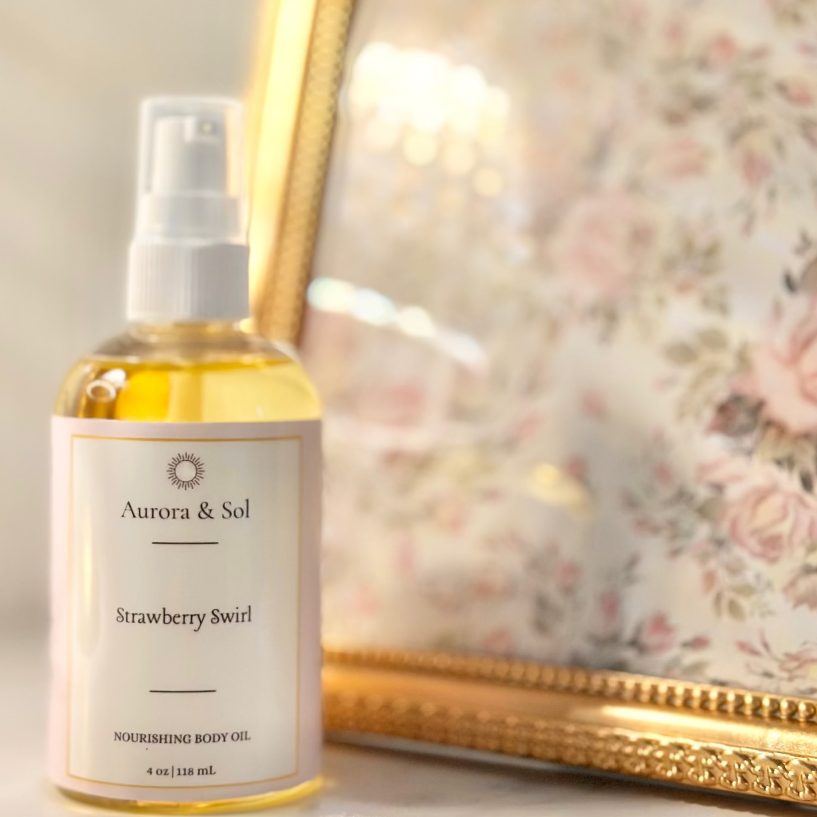 Bottle of 'Strawberry Swirl' body oil by Aurasia & Sol in front of a decorative mirror.